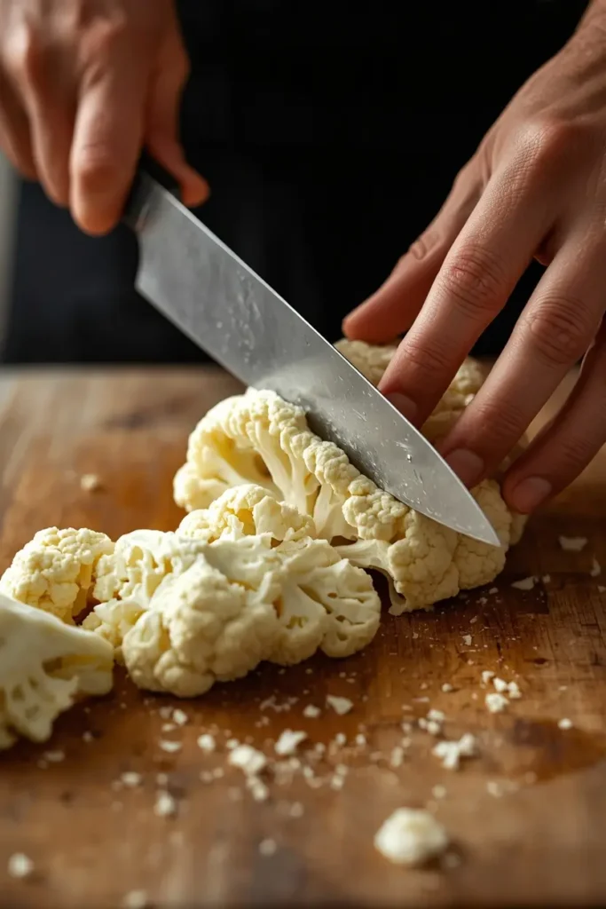 Cauliflower Steak 3 Slicing cauliflower into thick steaks for a cauliflower steak recipe