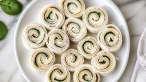 Turkey and Cheese Roll Ups Turkey and cheese roll ups sliced into pinwheels on a white plate