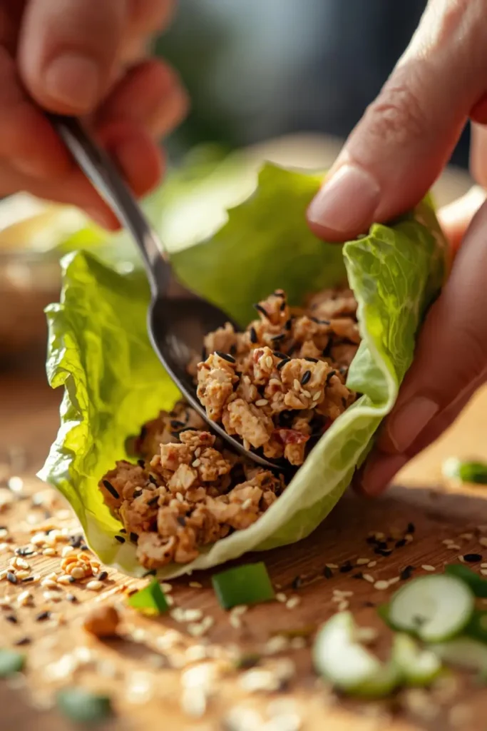 Hands assembling a turkey lettuce wrap by spooning turkey filling into a lettuce leaf