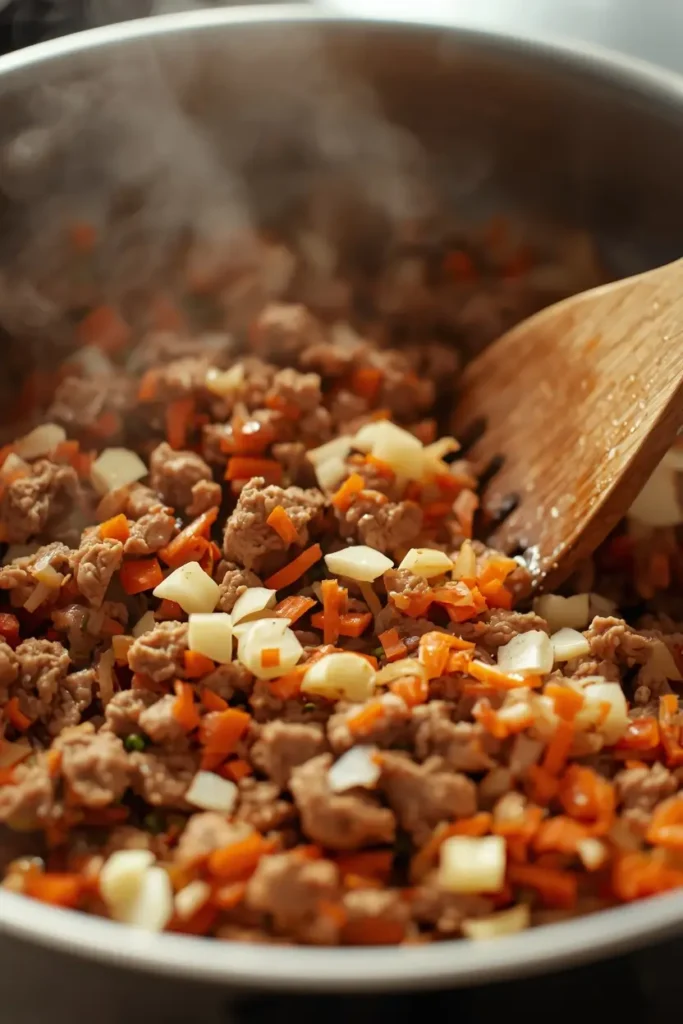 Ground turkey cooking in a skillet with vegetables for turkey lettuce wraps