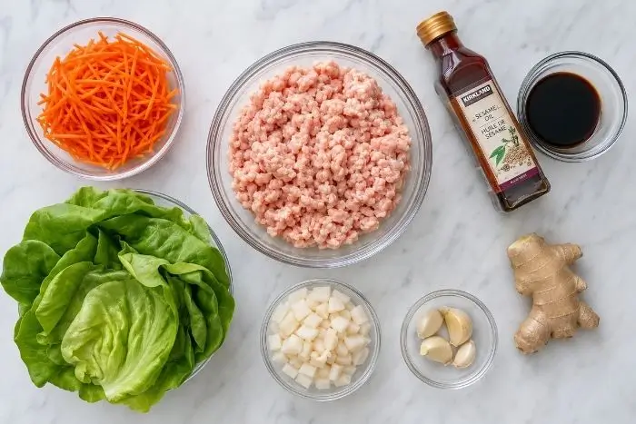 Fresh ingredients for turkey lettuce wraps including ground turkey, lettuce, carrots, and ginger