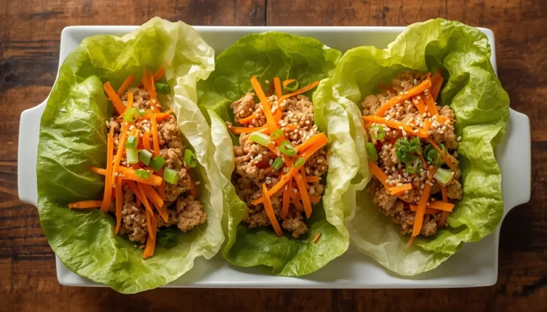 Turkey lettuce wraps served on a white platter, garnished with sesame seeds and green onions
