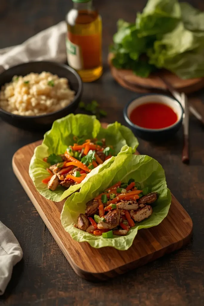 Turkey lettuce wraps served with cauliflower rice and sriracha on a wooden board