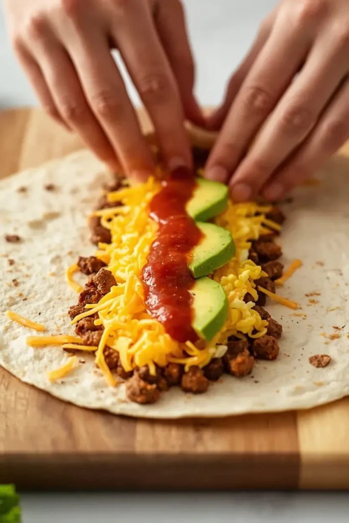 Chorizo Breakfast Burritos 3 Hands rolling a keto chorizo breakfast burrito filled with eggs and chorizo
