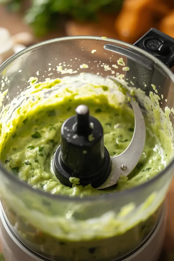 Avocado Lime Ranch Dressing 3 Blending avocado lime ranch dressing until smooth and creamy in a food processor