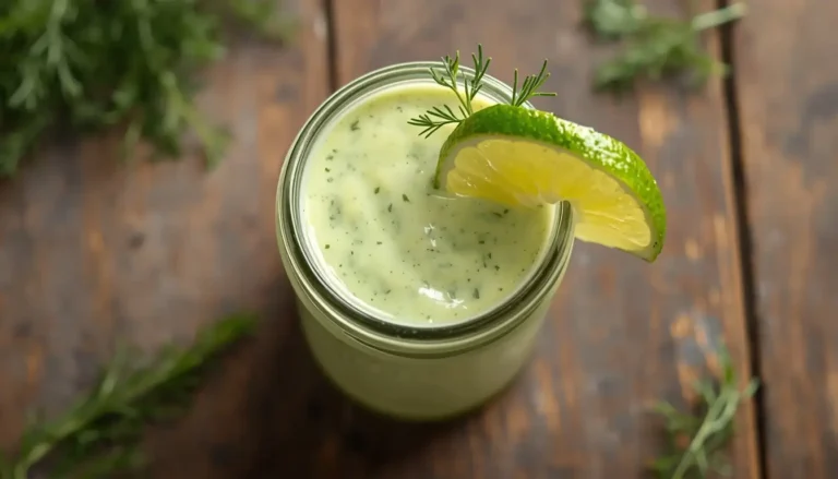 Creamy avocado lime ranch dressing in a glass jar garnished with lime and dill