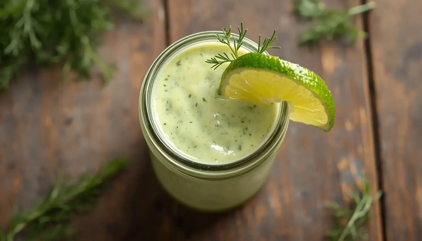 Avocado Lime Ranch Dressing 1 Creamy avocado lime ranch dressing in a glass jar garnished with lime and dill