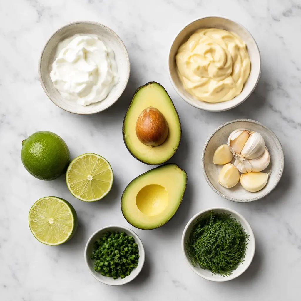 Avocado Lime Ranch Dressing 2 Fresh ingredients for avocado lime ranch dressing including avocado, lime, and herbs
