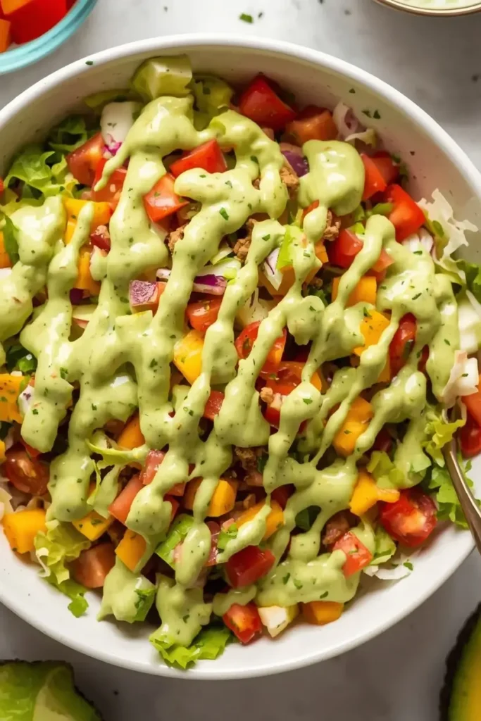 Avocado Lime Ranch Dressing 4 Taco salad drizzled with homemade avocado lime ranch dressing