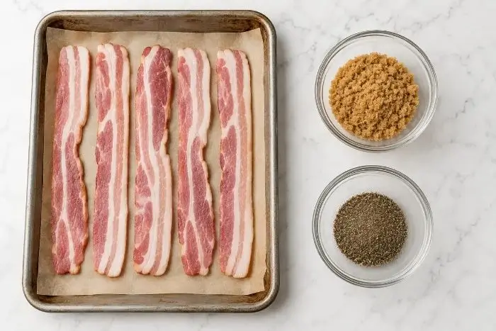 Crispy Bacon in the Oven 2 Raw bacon strips and ingredients prepped for making bacon crispy in the oven