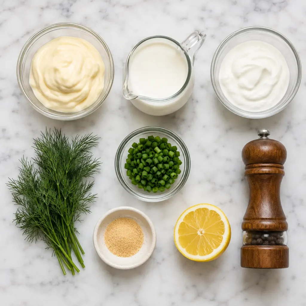 Buttermilk Ranch Dressing 2 Ingredients for buttermilk ranch dressing recipe including mayonnaise, buttermilk, sour cream, and fresh herbs