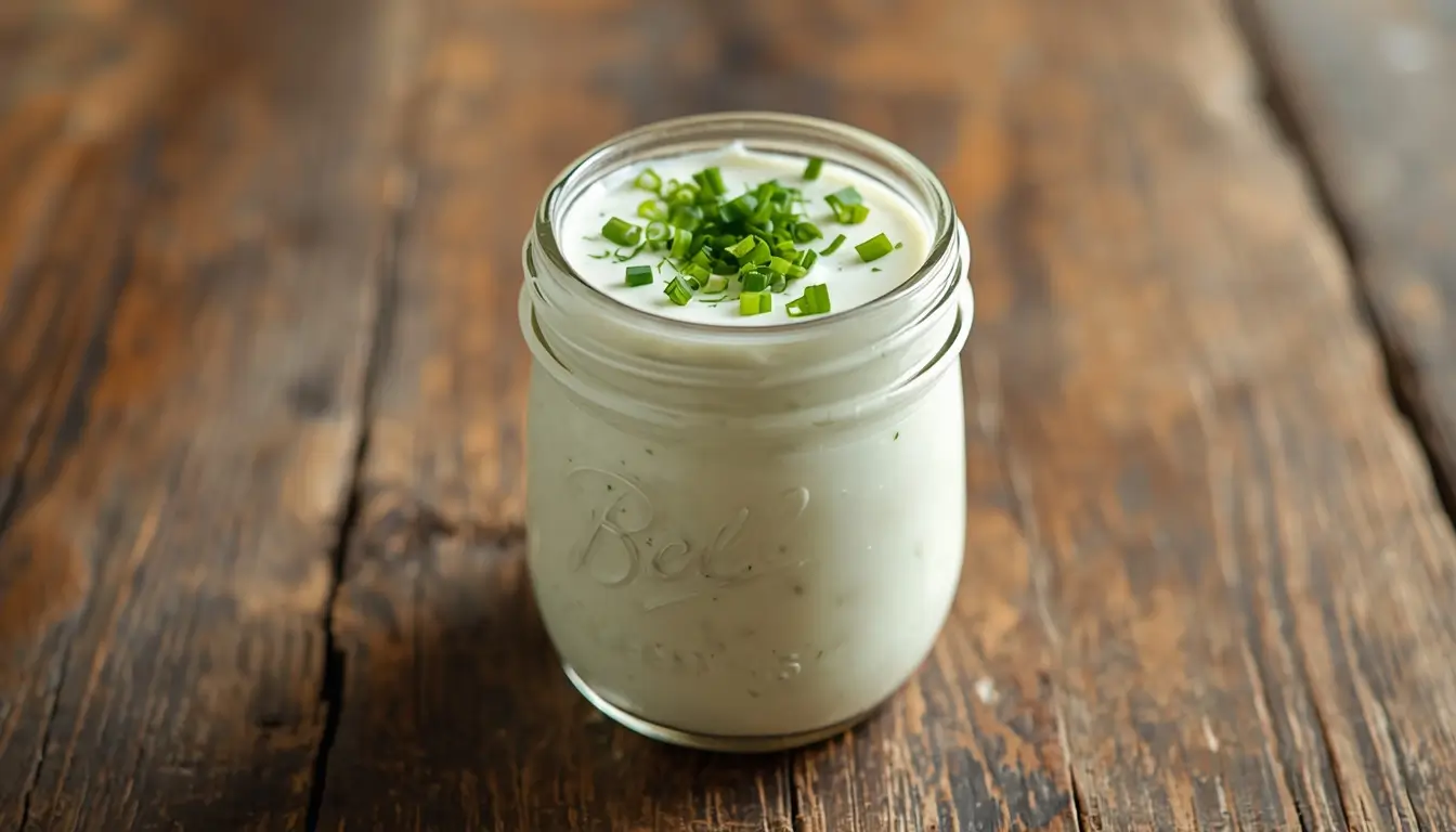 Buttermilk Ranch Dressing 1 Creamy buttermilk ranch dressing in a glass jar with fresh herbs on top