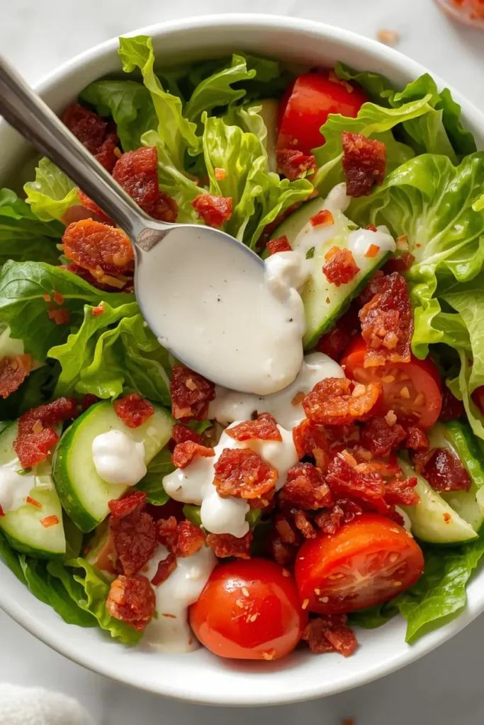 Buttermilk Ranch Dressing 5 Buttermilk ranch dressing drizzled over a fresh keto salad with mixed greens