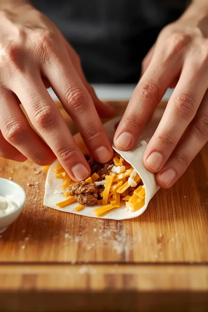 Cheesesteak Egg Rolls 3 Hands wrapping steak and cheese filling into a wrapper for steak and cheese egg rolls