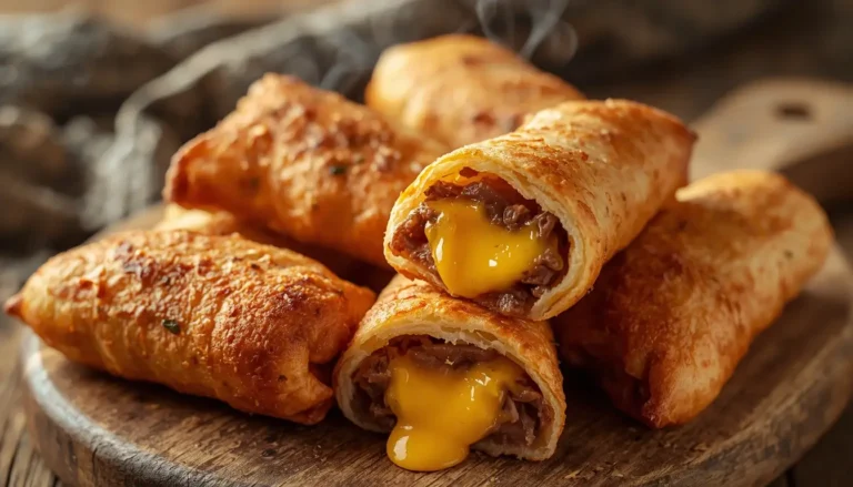 Golden crispy cheesesteak egg rolls stacked on a wooden board with melted cheese filling