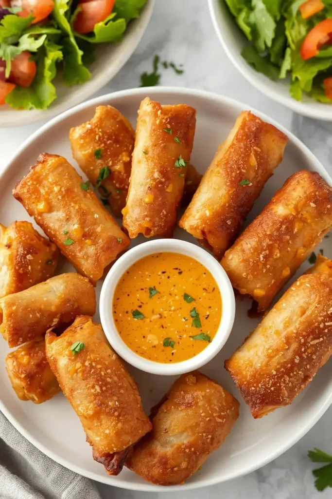 Cheesesteak Egg Rolls 4 Plated cheesesteak egg rolls with dipping sauce and side salad