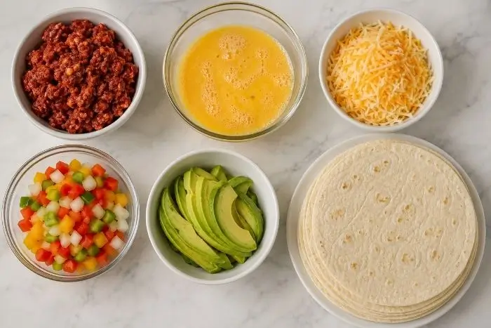Chorizo Breakfast Burritos 2 Fresh ingredients for chorizo breakfast burrito recipe including chorizo, eggs, and low-carb tortillas