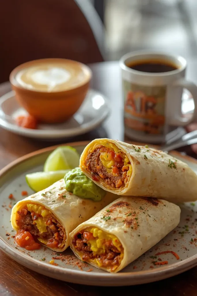 Chorizo Breakfast Burritos 4 Plated chorizo breakfast burritos served with guacamole and salsa for breakfast