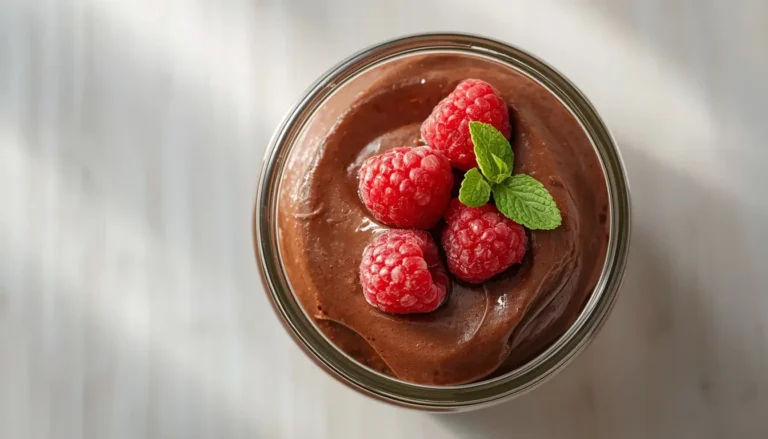 Cottage cheese chocolate mousse in a glass jar topped with fresh raspberries
