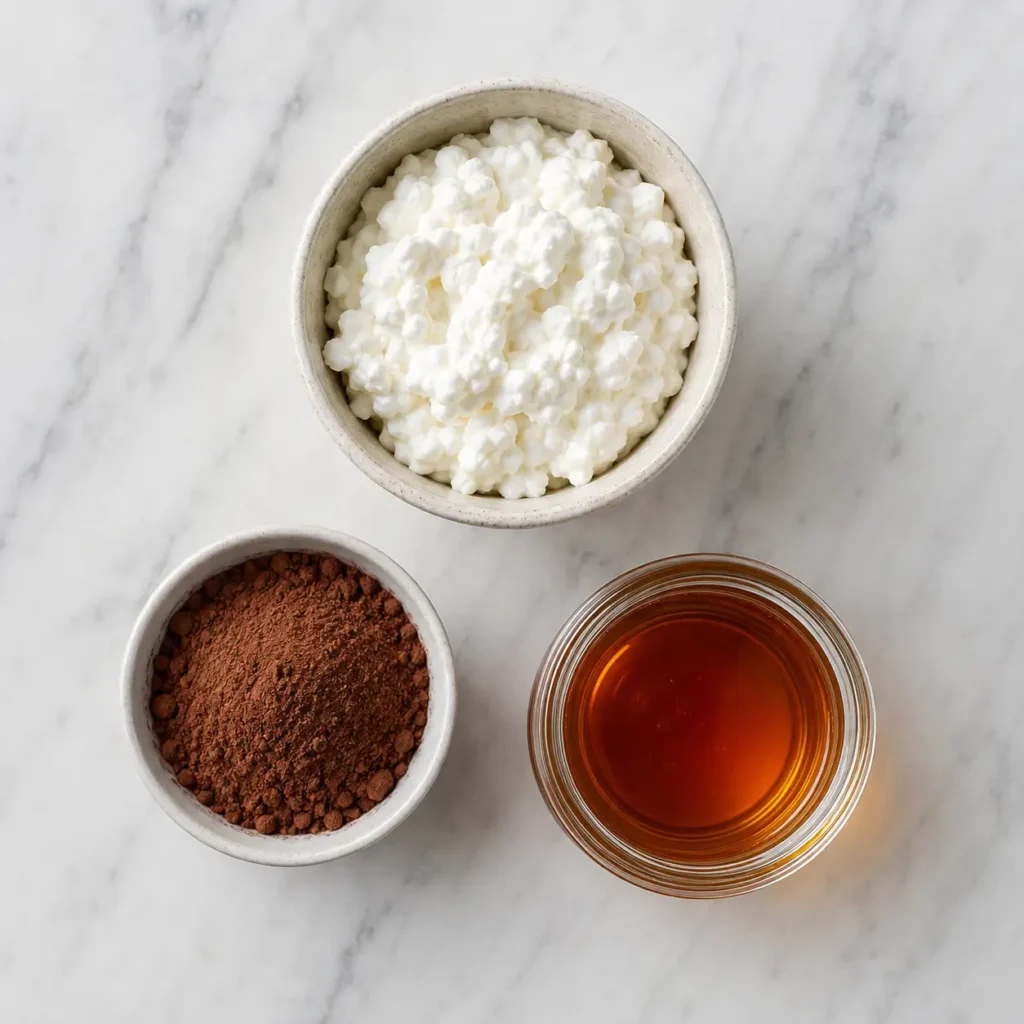 Cottage Cheese Chocolate Mousse 2 Ingredients for cottage cheese chocolate mousse recipe: cottage cheese, cocoa powder, and maple syrup