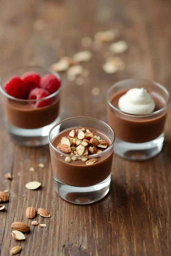 Cottage Cheese Chocolate Mousse 4 Cottage cheese chocolate mousse served in small glasses with berries and nuts
