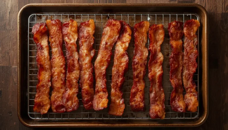 Crispy bacon in the oven cooked golden-brown on a wire rack baking sheet