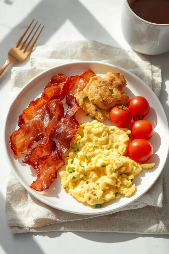 Crispy Bacon in the Oven 4 Crispy bacon in the oven served on a breakfast plate with eggs