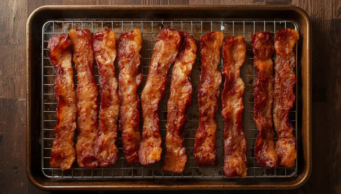 Crispy Bacon in the Oven 1 Crispy bacon in the oven cooked golden-brown on a wire rack baking sheet