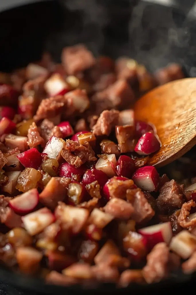 Keto Corned Beef Hash with Radishes 3 Crispy keto corned beef hash with radishes cooking in a skillet with a wooden spatula