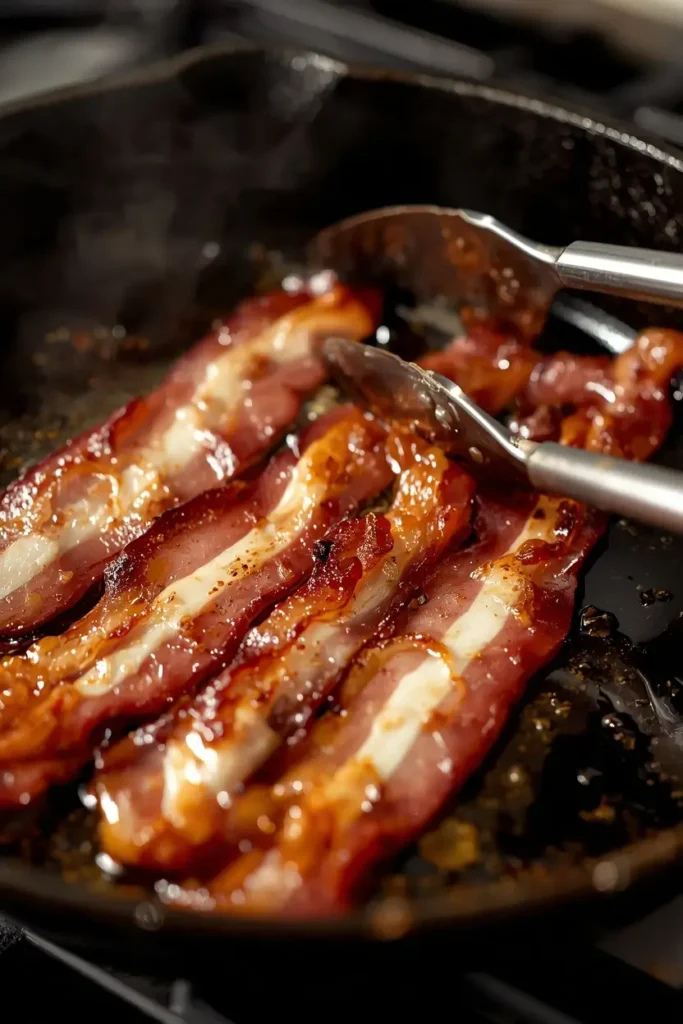 Turkey Bacon Breakfast Skillet 3 Turkey bacon strips crisping in a cast iron skillet on the stovetop