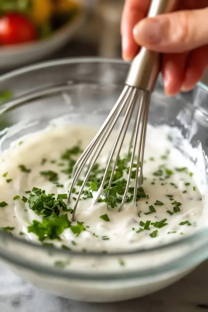 Whisking fresh herbs into greek yogurt ranch salad dressing recipe in a glass bowl