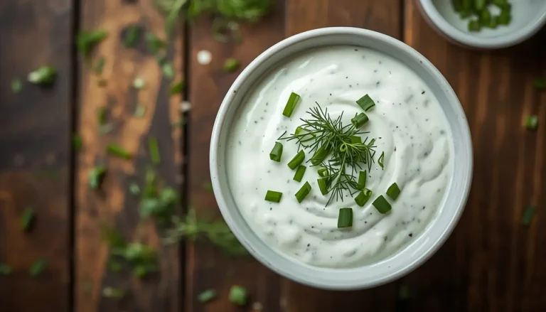 Creamy greek yogurt salad dressing ranch in a white bowl garnished with fresh herbs