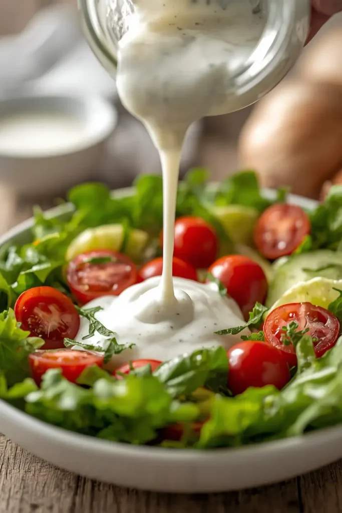 Greek yogurt salad dressing ranch drizzled over a fresh garden salad