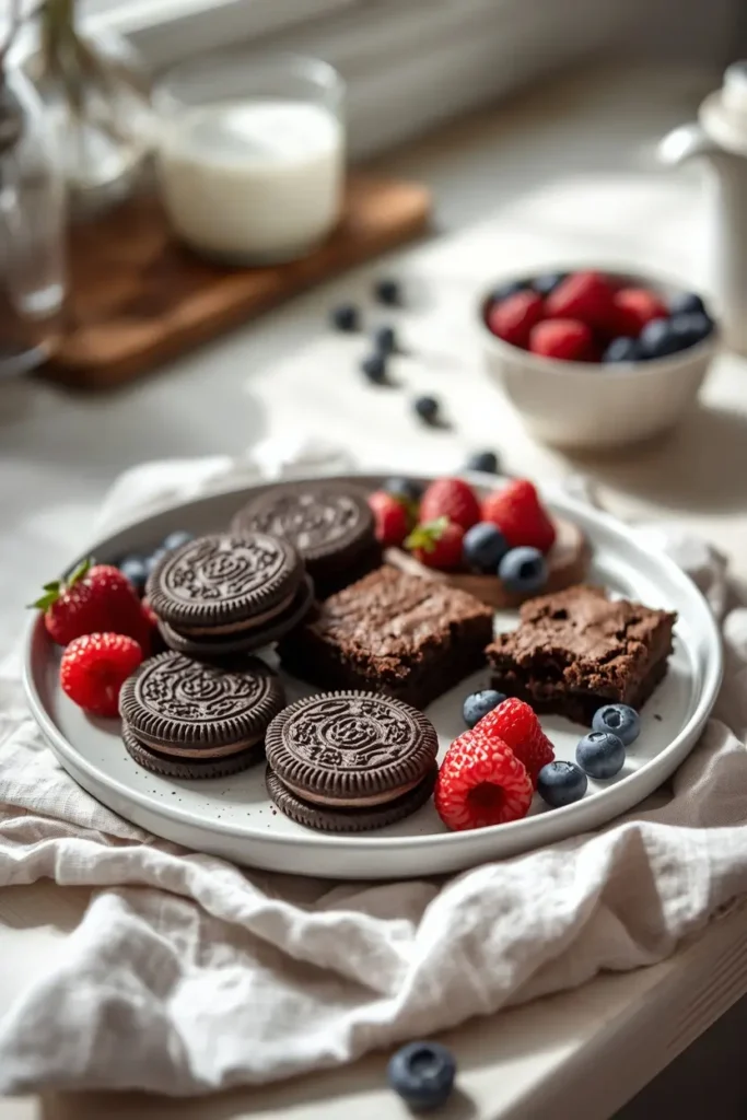 Healthy Oreos 4 Dessert platter with healthy oreos, keto brownies, and fresh berries