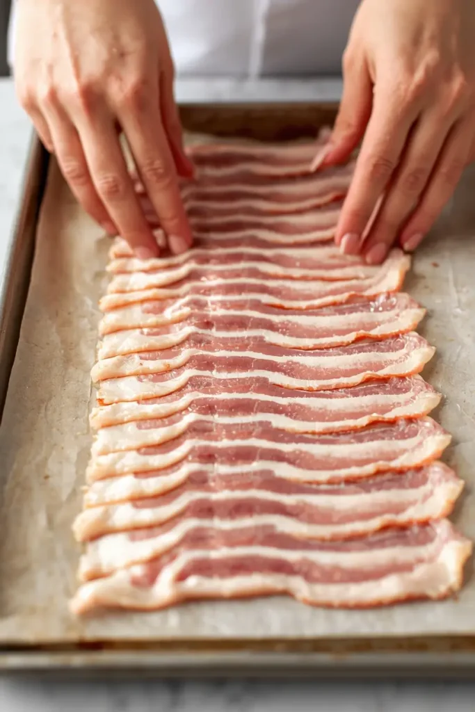 Turkey Bacon in the Oven 2 Arranging turkey bacon strips before cooking turkey bacon in the oven