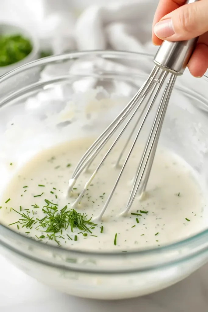 Buttermilk Ranch Dressing 4 Whisking buttermilk ranch dressing ingredients together in a glass mixing bowl
