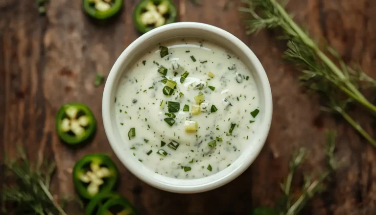 Creamy jalapeno ranch dressing in a white bowl garnished with fresh herbs and jalapeno slices