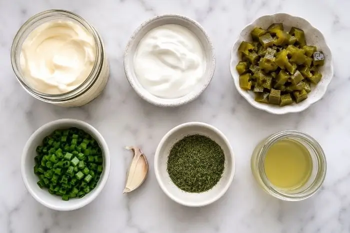 Jalapeno Ranch Dressing 2 Ingredients for jalapeno ranch dressing including mayonnaise, sour cream, and diced jalapenos