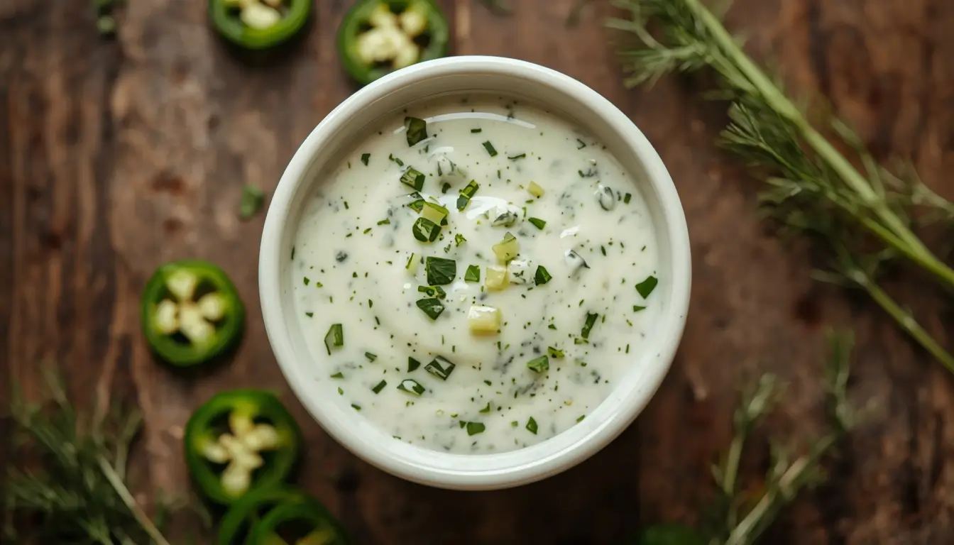 Jalapeno Ranch Dressing 1 Creamy jalapeno ranch dressing in a white bowl garnished with fresh herbs and jalapeno slices