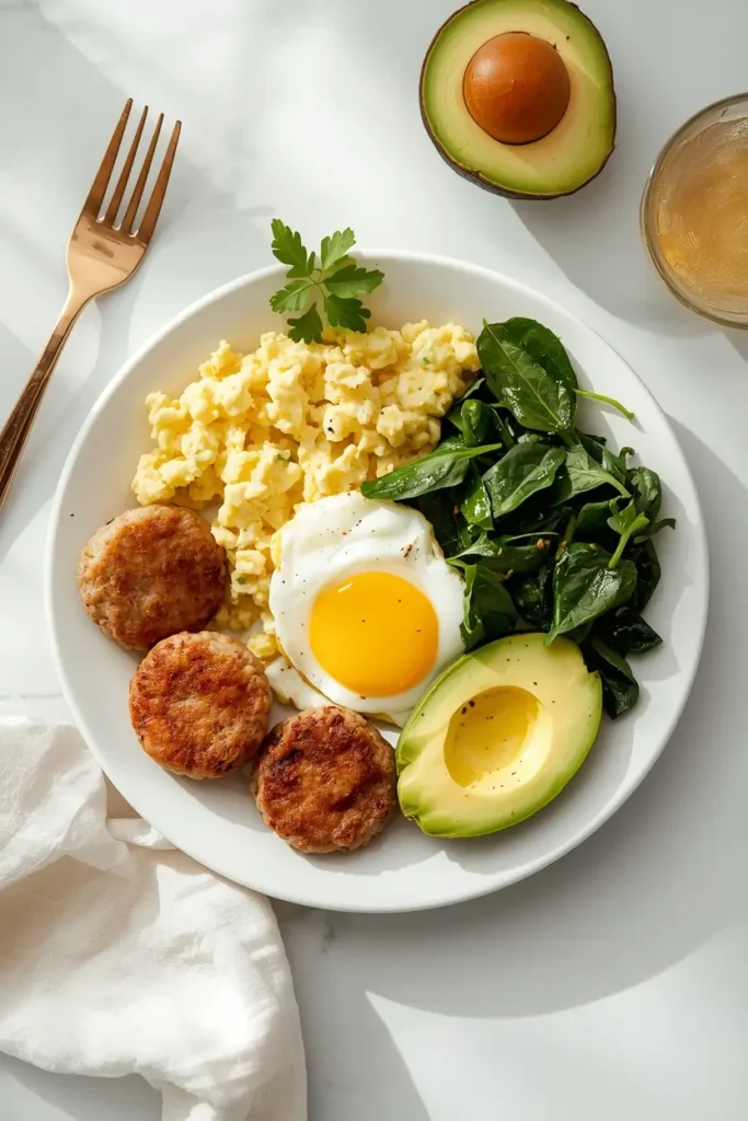 Keto Breakfast Sausage 3 Keto breakfast sausage recipe served with eggs, spinach, and avocado