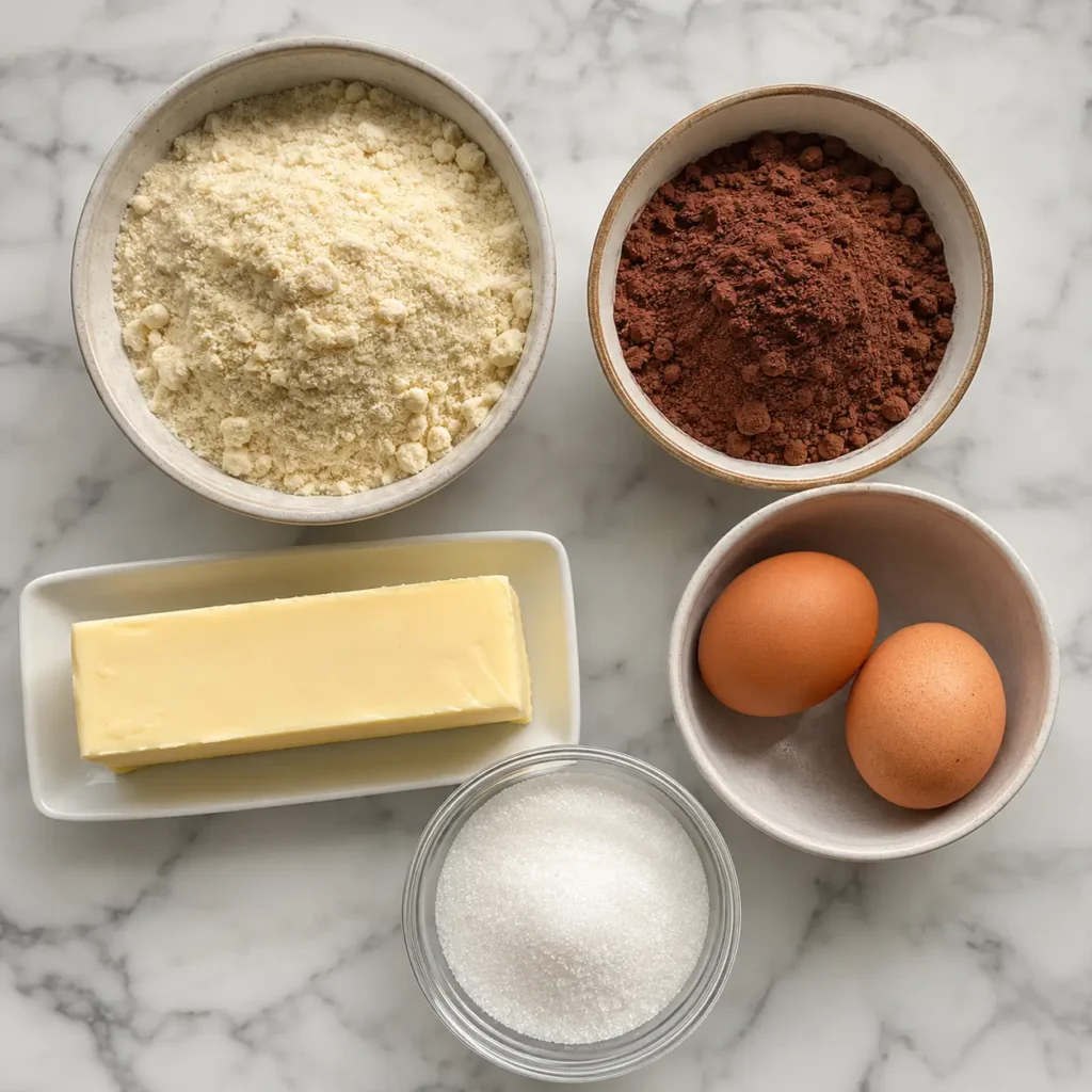 Keto Brownies 2 Ingredients for a keto brownie recipe including almond flour, cocoa powder, and eggs