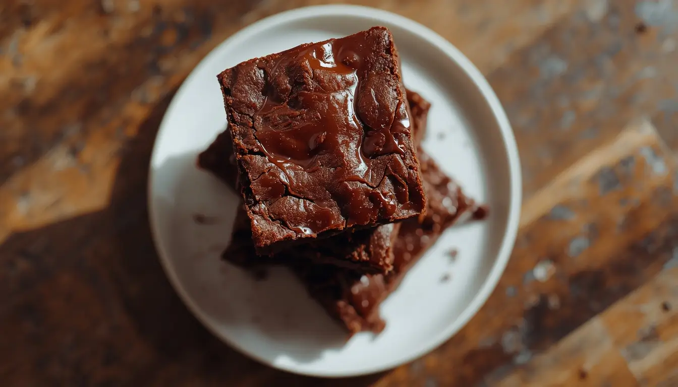 Keto brownies stacked on a white plate showing a fudgy chocolate texture