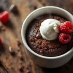 Keto chocolate mug cake topped with whipped cream in a white mug