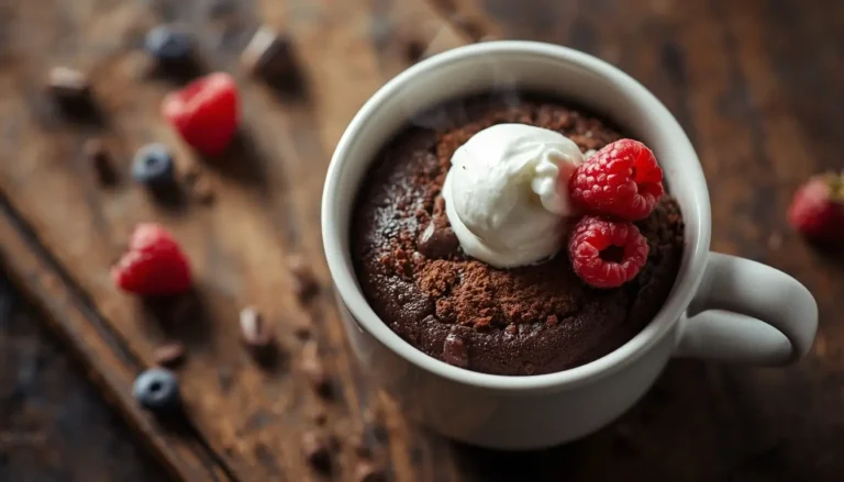 Keto chocolate mug cake topped with whipped cream in a white mug