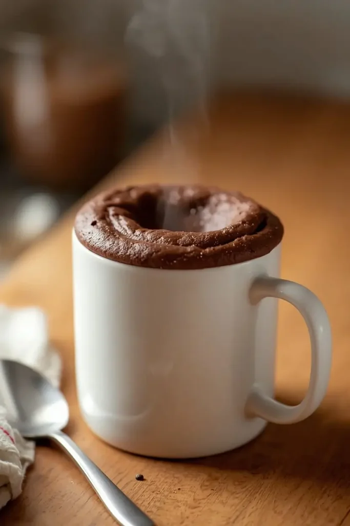Keto Chocolate Mug Cake 3 Freshly baked keto chocolate mug cake rising in the mug