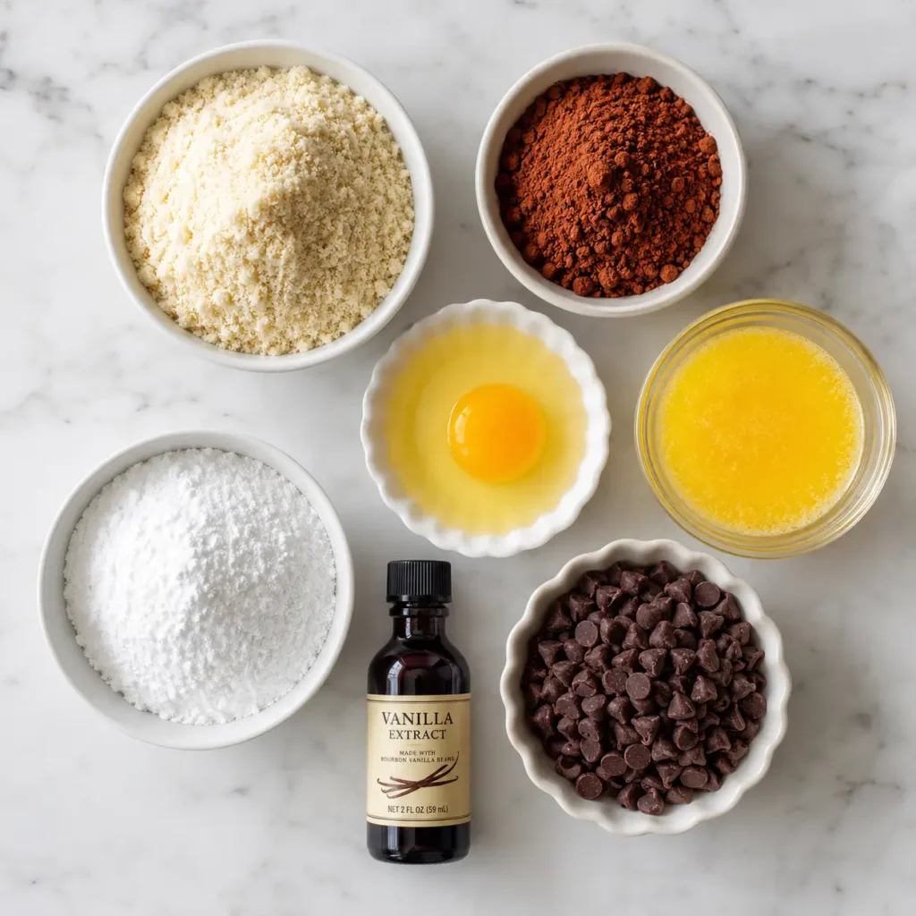 Keto Chocolate Mug Cake 2 Ingredients for keto chocolate mug cake including almond flour, cocoa powder, and eggs