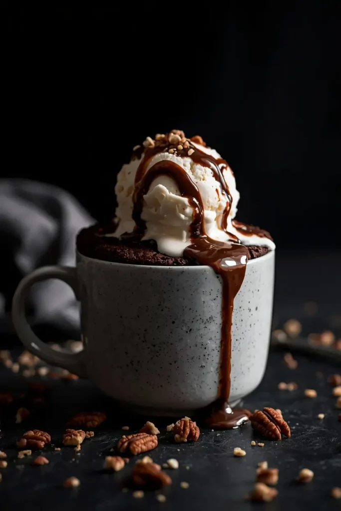 Keto Chocolate Mug Cake 4 Keto chocolate mug cake served with a scoop of keto ice cream