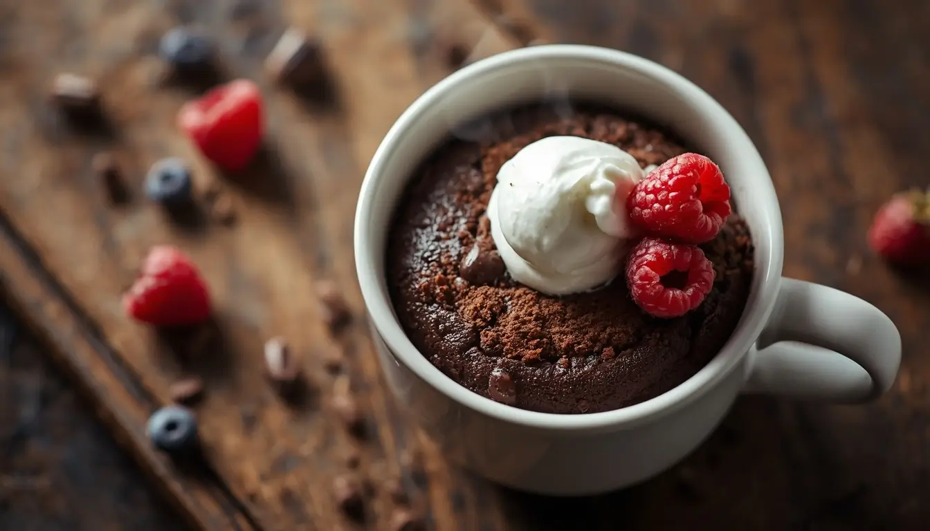 Keto chocolate mug cake topped with whipped cream in a white mug