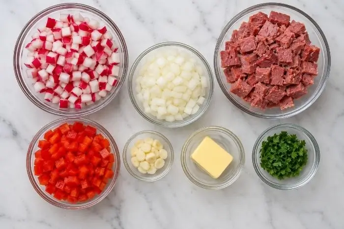 Keto Corned Beef Hash with Radishes 2 Raw ingredients for keto corned beef hash with radishes including radishes, corned beef, and onion