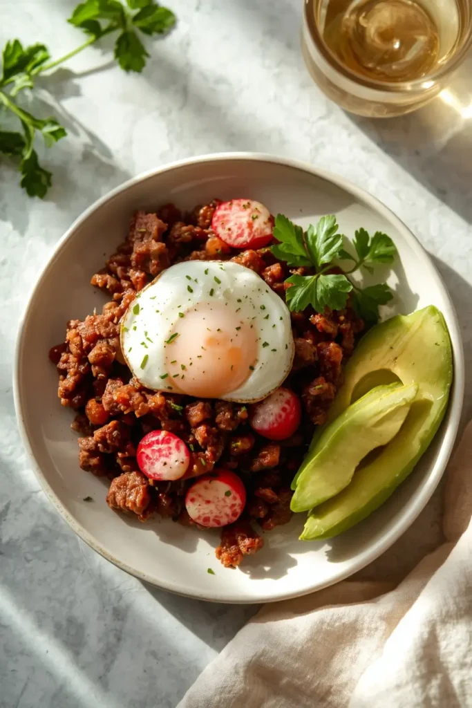 Keto Corned Beef Hash with Radishes 4 Plated keto corned beef hash with radishes with avocado slices and a poached egg